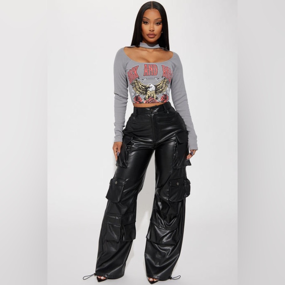 NWOT Fashion Nova Gray Rock & Roll Eagle Graphic Ribbed Long Sleeve Top Size 1X